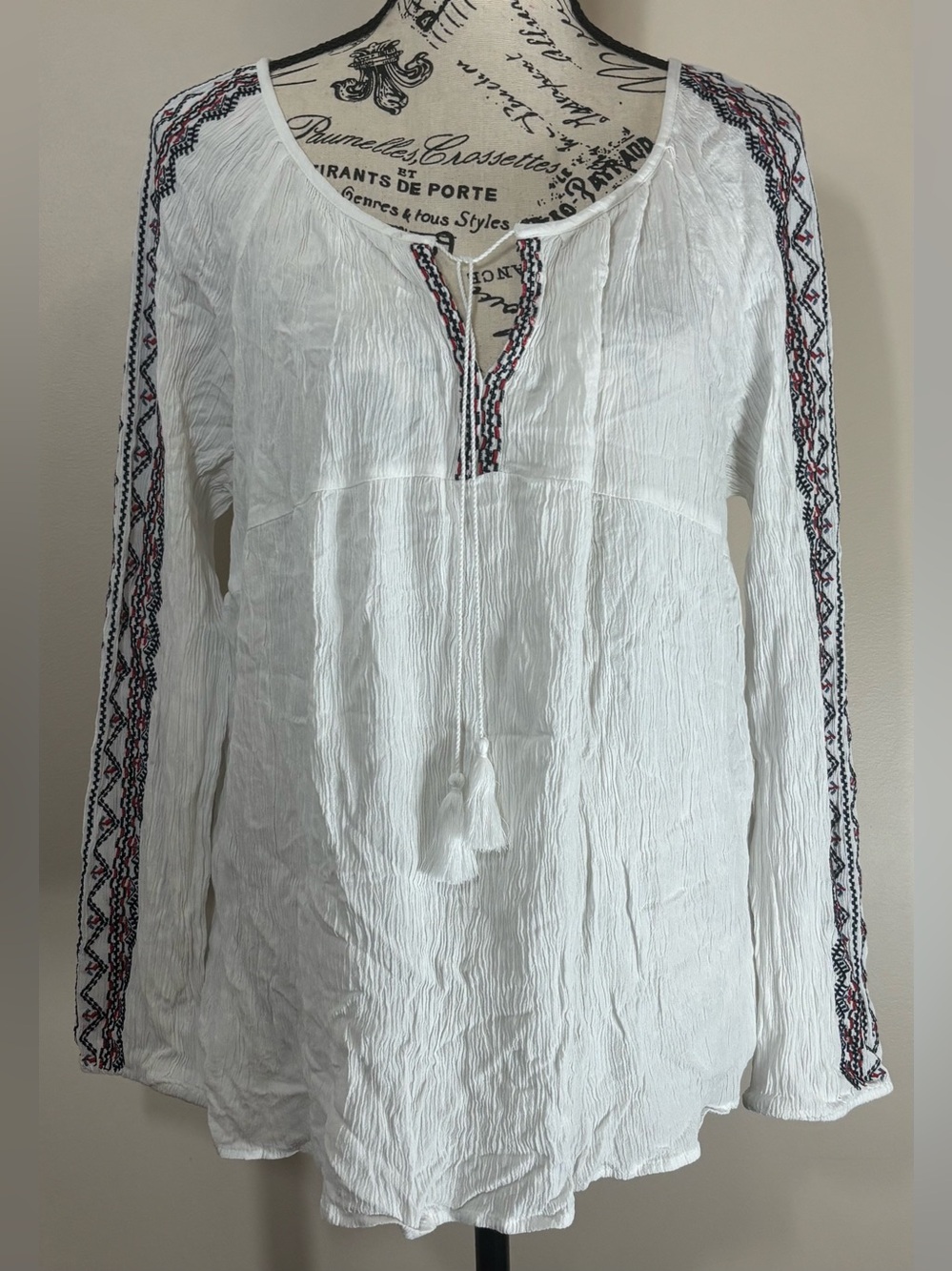 Old Navy Size XL White Boho Tunic with Black & Red Embroidered Trim